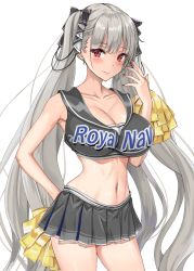Rule 34 | 1girl, amagi (amagi626), arm behind back, azur lane, black nails, blush, breasts, cheerleader, cleavage, collarbone, commentary request, cropped shirt, earrings, formidable (azur lane), grey hair, grey shirt, grey skirt, hand on own face, highres, jewelry, large breasts, long hair, looking at viewer, miniskirt, nail polish, navel, pleated skirt, red eyes, royal navy, sailor collar, shirt, simple background, skirt, smile, solo, twintails, upper body, very long hair, white background