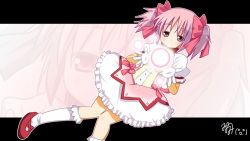 Rule 34 | 10s, 1girl, blush, bow, bubble skirt, gloves, glowing, hair bow, kaname madoka, magical girl, mahou shoujo madoka magica, mahou shoujo madoka magica (anime), minami (colorful palette), pink eyes, pink hair, shoes, short hair, short twintails, skirt, smile, solo, twintails