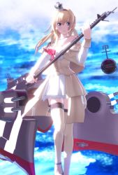Rule 34 | 1girl, 3d, black footwear, blonde hair, blue eyes, blue sky, braid, cloud, commentary request, corset, crown, day, dress, flower, french braid, garter straps, globus cruciger, high heels, highres, jewelry, kantai collection, long hair, long sleeves, machinery, mary janes, meihaiwh, mikumikudance (medium), mini crown, necklace, ocean, off-shoulder dress, off shoulder, red flower, red ribbon, red rose, ribbon, rose, scepter, shoes, sky, smile, solo, thighhighs, throne, warspite (kancolle), white dress, white thighhighs