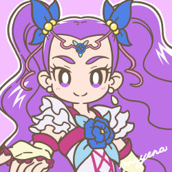 Rule 34 | 1girl, blush, brooch, circlet, closed mouth, earrings, eyelashes, frills, gloves, hair ornament, highres, jewelry, long hair, magical girl, mayena, milky rose, mimino kurumi, outline, outstretched hand, precure, purple background, purple eyes, purple hair, signature, simple background, smile, solo, twintails, white outline, yes! precure 5, yes! precure 5 gogo!