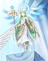 Rule 34 | 1girl, armor, armpits, bare shoulders, blush, breasts, choker, circlet, crown, dress, female focus, full body, gradient background, green eyes, green hair, hat, hirooka masaki, jewelry, kid icarus, long hair, lots of jewelry, matching hair/eyes, medium breasts, necklace, nintendo, off shoulder, official art, palutena, pendant, shield, solo, staff, thighhighs, tiara, vambraces, very long hair
