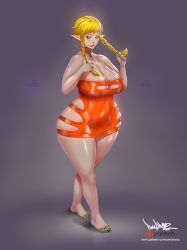 Rule 34 | 1girl, bare shoulders, barefoot, blonde hair, blue eyes, blush, braid, breasts, choker, cleavage, curvy, dress, female focus, full body, gradient background, green nails, hip vent, hyrule warriors, jewelry, large breasts, linkle, long hair, looking at viewer, nail polish, nintendo, no bra, no panties, orange dress, pinkdrawz, plump, pointy ears, revealing clothes, short dress, simple background, solo, standing, strapless, strapless dress, the legend of zelda, thick thighs, thighs, toe ring, twin braids, twintails, wide hips