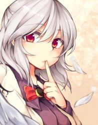 Rule 34 | 1girl, bow, bowtie, breasts, closed mouth, collared shirt, dress, expressionless, eyebrows, feathered wings, feathers, finger to mouth, hair between eyes, hand up, jacket, kishin sagume, long sleeves, looking at viewer, medium breasts, open clothes, open jacket, orange eyes, portrait, purple dress, purple shirt, red bow, red bowtie, red eyes, shirt, silver hair, solo, tama (soon32281), touhou, upper body, wings