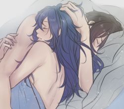 Rule 34 | 1boy, 1girl, back, bed sheet, blue hair, brown hair, couple, cuddling, closed eyes, fire emblem, fire emblem awakening, hand in another&#039;s hair, hetero, lon&#039;qu (fire emblem), long hair, lucina (fire emblem), messy hair, naked sheet, nintendo, nude, open mouth, parted lips, tusia, under covers