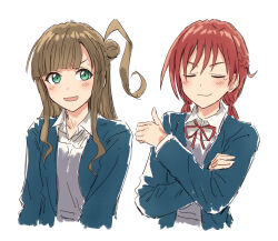 Rule 34 | 2girls, alternate hairstyle, bad id, bad twitter id, blazer, blue jacket, blunt bangs, blush, brown hair, bullfalk, closed eyes, collared shirt, commentary request, cropped torso, dress, dress shirt, green eyes, grey dress, hair bun, hairstyle switch, half up braid, half updo, highres, jacket, long hair, long sleeves, looking at another, love live!, love live! superstar!!, low twintails, multiple girls, neck ribbon, one side up, open clothes, open jacket, red hair, red ribbon, ribbon, sakurakoji kinako, school uniform, shirt, simple background, single side bun, single tear, smirk, sweatdrop, thumbs up, twintails, u u, wavy mouth, white background, white shirt, winter uniform, yoneme mei, yuigaoka school uniform
