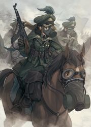 Rule 34 | 3girls, asterisk kome, bag, belt, black gloves, boots, brown hair, cape, flag, gas mask, gloves, green cape, green eyes, green headwear, green jacket, gun, hat, highres, holding, holding gun, holding weapon, horse, jacket, long hair, long sleeves, mask, medal, military, military uniform, multiple girls, necktie, original, outdoors, pants, ponytail, pouch, riding, smoke, tree, uniform, weapon, weapon request