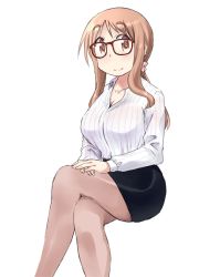 Rule 34 | 1girl, black skirt, blush, breasts, brown eyes, cleavage, closed mouth, collared shirt, commentary request, crossed legs, glasses, invisible chair, katatsuka kouji, large breasts, light brown hair, long hair, looking at viewer, matsumoto yoriko, pantyhose, pencil skirt, shirt, simple background, sitting, skirt, smile, solo, striped clothes, striped shirt, teacher, vertical-striped clothes, vertical-striped shirt, white background, white shirt, yuyushiki