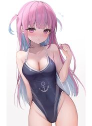 Rule 34 | 1girl, anchor symbol, arm behind back, bare shoulders, blue hair, blue one-piece swimsuit, blush, breasts, cleavage, collarbone, colored inner hair, commentary, covered navel, cowboy shot, eyelashes, highleg, highleg swimsuit, highres, holding, holding own hair, hololive, iruka3, long hair, looking at viewer, medium breasts, minato aqua, multicolored hair, one-piece swimsuit, parted lips, pink hair, purple eyes, raised eyebrows, simple background, solo, swimsuit, two-tone hair, two side up, virtual youtuber, white background