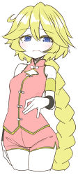 Rule 34 | 1girl, armband, bare shoulders, blonde hair, blue eyes, blush, braid, braided ponytail, carol malus dienheim, cleavage cutout, closed mouth, clothing cutout, collared jacket, commentary request, cowboy shot, cropped legs, dress, hair between eyes, highres, jacket, long hair, looking at viewer, mole, mole under eye, no nose, pale color, partially colored, pink dress, pink jacket, pink shorts, senki zesshou symphogear, short shorts, shorts, simple background, single braid, sleeveless, sleeveless jacket, solo, standing, sumiyao (amam), sweat, very long hair, white background, wristband