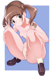 Rule 34 | 1girl, bad id, bad pixiv id, blue background, breasts, brown eyes, brown footwear, brown hair, commentary, crotch seam, double v, full body, grin, healin&#039; good precure, highres, hiramitsu hinata, leaning forward, loafers, looking at viewer, medium hair, miyagoe yoshitsuki, nipples, panties, precure, shoes, small breasts, smile, socks, solo, squatting, topless, twintails, underwear, underwear only, v, white panties, white socks