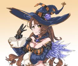 Rule 34 | 10s, 1girl, beatrix (granblue fantasy), breasts, brown hair, detached sleeves, gloves, granblue fantasy, halloween, hat, long hair, maji-pan, medium breasts, solo, witch hat