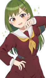 Rule 34 | 1girl, breasts, brown dress, collarbone, commentary request, dress, green hair, hair ornament, hairclip, hand on own cheek, hand on own face, hand on own hip, hasu no sora school uniform, highres, jenny (artist), light blush, link! like! love live!, long hair, long sleeves, looking at viewer, love live!, medium breasts, neckerchief, oogami sachi, open mouth, pleated dress, sailor collar, sailor dress, school uniform, single sidelock, solo, sparkle, straight hair, swept bangs, upper body, v-shaped eyebrows, white background, white sailor collar, winter uniform, yellow neckerchief