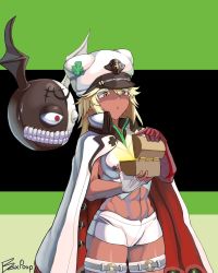 Rule 34 | 1girl, 1other, abs, bandaged arm, bandages, breasts, chestnut mouth, clover, crop top, dark-skinned female, dark skin, fingerless gloves, four-leaf clover, gloves, guilty gear, guilty gear strive, highres, looking down, lucifero (guilty gear), medium breasts, medium hair, navel, opening, platinum blonde hair, poopman, ramlethal valentine, short shorts, shorts, single fingerless glove, sleeveless, solo focus, thigh strap, treasure chest, white gloves, white shorts