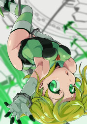 Rule 34 | 1girl, aiai (jsm), akatsuki kirika, arched back, ass, bare shoulders, blonde hair, breasts, commentary request, gloves, green eyes, green leotard, highres, leotard, looking at viewer, medium breasts, pole, pole dancing, scythe, senki zesshou symphogear, shiny clothes, shiny skin, short hair, skin tight, solo, striped clothes, striped thighhighs, thighhighs, white gloves