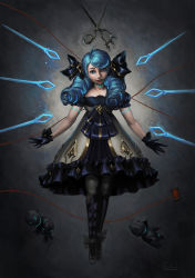 Rule 34 | 1girl, ahoge, artist name, black bow, black dress, black gloves, blue eyes, blue hair, bow, breasts, doll, dress, drill hair, frilled dress, frills, g-redon, gloves, gradient background, grey dress, gwen (league of legends), hair bow, hair ornament, heterochromia, highres, kneehighs, league of legends, long hair, looking at viewer, needle, puffy short sleeves, puffy sleeves, scissors, short sleeves, small breasts, smile, socks, solo, twin drills