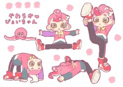 Rule 34 | 1boy, :o, bending backward, commentary request, green eyes, hair ornament, hairclip, highres, male focus, mei tyan n, mohawk, multiple views, nintendo, octoling, octoling boy, octoling player character, outstretched arms, outstretched legs, red footwear, red hair, shoes, short eyebrows, short hair, splatoon (series), split, standing, standing on one leg, standing split, stretching, tentacle hair, thick eyebrows, translation request, white background