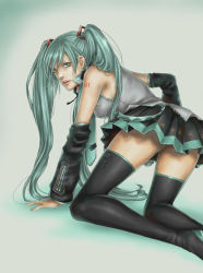 Rule 34 | 1girl, all fours, aqua hair, bad id, bad pixiv id, bent over, black thighhighs, boots, doro (sabarudoro), from behind, hatsune miku, lips, long hair, looking back, on floor, parted lips, pleated skirt, realistic, simple background, skirt, solo, thigh boots, thighhighs, twintails, vocaloid, zettai ryouiki