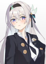 Rule 34 | 1girl, absurdres, band (skymole01), black bow, black gloves, black hairband, black jacket, blush, bow, commentary, firefly (honkai: star rail), formal, gloves, gradient background, grey background, grey hair, hair bow, hairband, hand on own chest, highres, honkai: star rail, honkai (series), jacket, long hair, looking at viewer, official alternate costume, purple eyes, shirt, solo, suit, upper body, very long hair, white shirt