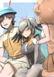 Rule 34 | 1boy, 2girls, puff of air, animal ears, arm rest, bare arms, bare shoulders, belt, bird wings, black gloves, blush, bodystocking, breast pocket, brown hair, captain (kemono friends), closed mouth, collared shirt, dhole (kemono friends), dog ears, faceless, faceless male, fingerless gloves, frown, fur collar, gloves, grey hair, grey neckwear, grey shirt, grey shorts, hair over one eye, hand on another&#039;s head, hand up, hat, hat feather, head wings, headpat, highres, huffing, japari symbol, jealous, john (a2556349), kemono friends, kemono friends 3, layered sleeves, long hair, long sleeves, looking at another, medium hair, multicolored hair, multiple girls, necktie, open mouth, orange hair, pocket, pout, pouty lips, shirt, shoebill (kemono friends), short hair, short over long sleeves, short sleeves, shorts, sidelocks, sitting, skirt, sleeveless, sleeveless shirt, smile, two-tone hair, wings, yellow eyes