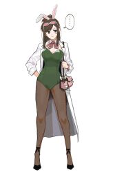 &gt;:( ... 1girl ace_attorney animal_ears annoyed apollo_justice:_ace_attorney bag black_footwear bow bowtie breasts brown_hair bunny_day closed_mouth commentary detached_collar dingdanggu ema_skye eyewear_on_head fake_animal_ears fishnet_pantyhose fishnets full_body glasses green_eyes green_leotard half_updo highres lab_coat leotard long_hair medium_breasts pantyhose pink_bag playboy_bunny rabbit_ears shoulder_bag sidelocks simple_background sleeves_rolled_up solo spoken_ellipsis standing strapless strapless_leotard strappy_heels sunglasses symbol-only_commentary tinted_eyewear v-shaped_eyebrows white_background wristband