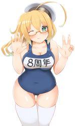 Rule 34 | 1girl, ahoge, anniversary, bare shoulders, blonde hair, breasts, cleavage, collarbone, commentary request, covered navel, glasses, green eyes, highres, i-8 (kancolle), kantai collection, large breasts, looking at viewer, one-piece swimsuit, one eye closed, orange-framed eyewear, redundant-cat, semi-rimless eyewear, simple background, solo, standing, swimsuit, thighhighs, white background, white headwear, white thighhighs