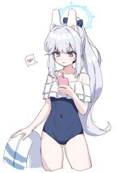 Rule 34 | 1girl, blue archive, blue halo, blue one-piece swimsuit, blush, cellphone, closed mouth, collarbone, grey hair, halo, heart, holding, holding phone, innertube, long hair, maibotsumou, miyako (blue archive), miyako (swimsuit) (blue archive), one-piece swimsuit, phone, ponytail, simple background, smile, solo, spoken heart, standing, swim ring, swimsuit, thighs, white background