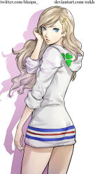 Rule 34 | 1girl, absurdres, ass, blazpu, blonde hair, blue eyes, clover, collaboration, commentary, cowboy shot, deviantart username, earrings, english commentary, from behind, hair down, hair ornament, hairclip, hand up, highres, hood, hoodie, jewelry, long hair, looking back, no pants, ozkh, parted lips, persona, persona 5, shadow, simple background, sleeves rolled up, solo, stud earrings, takamaki anne, thighs, twitter username, watermark, wavy hair, web address, white background, white hoodie