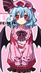 Rule 34 | 1girl, :&lt;, alternate costume, bat wings, black bow, black bowtie, black ribbon, black skirt, black wings, blue hair, blush, bow, bowtie, character name, clothes writing, commentary, contemporary, cowboy shot, frilled shirt collar, frills, hair between eyes, hat, hat ribbon, heart, heart-shaped pupils, highres, kyouda suzuka, looking at viewer, medium hair, mob cap, nail polish, pink background, pink hat, pink sweater, print sweater, red eyes, red nails, remilia scarlet, ribbon, simple background, skirt, sleeves past wrists, solo, sweater, symbol-shaped pupils, touhou, upper body, v-shaped eyebrows, wings
