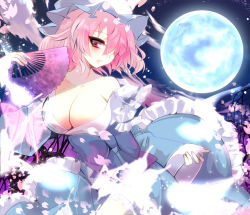 Rule 34 | 1girl, arm ribbon, bad id, bad pixiv id, bare shoulders, blue dress, breasts, bug, butterfly, cherry blossoms, cleavage, dokulow, dress, hand fan, female focus, folding fan, full moon, ghost, hair over one eye, hat, bug, large breasts, long sleeves, looking at viewer, moon, night, off shoulder, open mouth, pink eyes, pink hair, ribbon, saigyouji yuyuko, sash, short hair, sky, solo, touhou, wide sleeves