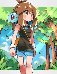 Rule 34 | 1girl, blue shorts, blush, brown eyes, brown hair, closed mouth, cloud, commentary request, creatures (company), day, eyelashes, falling leaves, game freak, gen 1 pokemon, green (pokemon), hair flaps, highres, hyou (hyouga617), knees, leaf, legendary pokemon, light beam, long hair, looking to the side, mew (pokemon), mythical pokemon, nintendo, outdoors, pokemon, pokemon (creature), pokemon lgpe, pokemon on back, shirt, shorts, sidelocks, sky, sleeveless, sleeveless shirt, smile, squirtle, tree, wristband