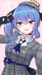 Rule 34 | 1girl, belt, beret, black gloves, blue belt, blue choker, blue eyes, blue hair, blue nails, blue necktie, chocolate, choker, dress, food, gloves, grey dress, grey hat, hat, highres, holding, holding chocolate, holding food, hololive, hoshimachi suisei, hoshimachi suisei (1st costume), long hair, looking at viewer, nail polish, natsunoyuu, necktie, open mouth, partially fingerless gloves, pleated dress, smile, solo, star (symbol), star choker, virtual youtuber, white background