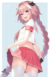 Rule 34 | 1boy, :d, absurdres, ass, astolfo (fate), astolfo (sailor paladin) (fate), black bow, blush, bow, braid, braided ponytail, fang, fate/apocrypha, fate (series), from behind, hair bow, highres, lifted by self, long hair, male focus, multicolored hair, ochinsama, open mouth, pink eyes, pink skirt, sailor collar, school uniform, serafuku, skirt, smile, solo, streaked hair, thighhighs, trap, very long hair, white thighhighs