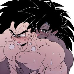 Rule 34 | 2boys, bara, couple, dark-skinned male, dark skin, dragon ball, dragonball z, drooling, from above, grabbing, grabbing from behind, groping, half-closed eyes, highres, large pectorals, licking, licking another&#039;s neck, male focus, mature male, mouth drool, multiple boys, muscular, muscular male, out-of-frame censoring, pectorals, raditz, reach-around, receding hairline, short hair, sideburns, spiked hair, sweat, torogao, tullece, upper body, very sweaty, yaoi, yoram (yoram551)
