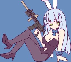 Rule 34 | 1girl, animal ears, assault rifle, bare shoulders, black footwear, black pantyhose, blue background, blue hair, breasts, cleavage, commentary, crossed legs, english commentary, girls&#039; frontline, green eyes, gun, hair ornament, high heels, highres, hk416 (girls&#039; frontline), holding, holding gun, holding weapon, long hair, looking at viewer, necktie, pantyhose, rabbit ears, rabbit hole (vocaloid), rifle, simple background, sitting, snafu (snafy snu), solo, teardrop facial mark, weapon