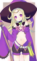 1girl, ahoge, bangs, bare shoulders, belt, black shorts, blush, breasts, broom, circlet, closed mouth, commentary request, cowboy shot, detached sleeves, fire emblem, fire emblem awakening, fire emblem heroes, green hair, hair down, halloween costume, hat, head tilt, highres, holding, holding broom, ito kon&#039;nyaku, long hair, looking at viewer, manakete, midriff, navel, nintendo, nowi (fire emblem), official alternate costume, parted bangs, pink ribbon, pointy ears, purple eyes, purple headwear, purple sleeves, purple vest, ribbon, short shorts, shorts, sidelocks, slit pupils, small breasts, smile, solo, standing, vest, white belt, witch hat