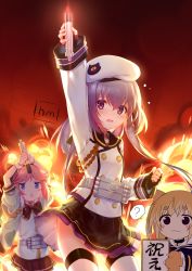 Rule 34 | 3girls, diamond mouth, ?, absurdres, arm up, beret, blonde hair, commentary request, explosion, fingerless gloves, fire, gloves, hat, highres, long hair, looking at viewer, military, military uniform, multiple girls, pink hair, purple eyes, shenbei xiaoqiu, short hair, tall boy, thick eyebrows, tirpitz (warship girls r), torpedo, uniform, warship girls r, aged down, yukikaze (warship girls r), yuudachi (warship girls r)