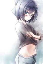 Rule 34 | 1girl, a-chan (hololive), black shirt, blue background, blue eyes, blue hair, blush, bow, breasts, closed mouth, clothes lift, cowboy shot, denim, embarrassed, glasses, hair bow, highres, hololive, jeans, looking at viewer, midriff, navel, pants, shirt, shirt lift, short hair, simple background, small breasts, solo, t-shirt, two-tone background, virtual youtuber, white background, yohane