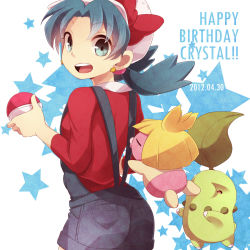 Rule 34 | 10s, 1990s (style), 1girl, 2012, ass, blue eyes, blue hair, bow, character name, chikorita, creatures (company), dated, earrings, game freak, gen 2 pokemon, happy birthday, hat, hat bow, highres, holding, holding poke ball, jewelry, kris (pokemon), looking at viewer, matching hair/eyes, nintendo, no eyes, open mouth, poke ball, pokemon, pokemon (creature), pokemon adventures, pokemon gsc, retro artstyle, saku anna, smoochum, star (symbol), star earrings, twintails