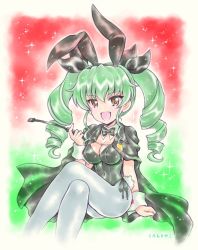 Rule 34 | 1girl, :d, anchovy (girls und panzer), animal ears, artist name, black bow, black bowtie, black cape, black leotard, black ribbon, bow, bowtie, breasts, cape, cleavage, collar, commentary, covered navel, detached collar, drill hair, fake animal ears, fake tail, girls und panzer, green background, green hair, grey pantyhose, hair ribbon, holding, kuromori yako, leotard, light particles, long hair, looking at viewer, medium hair, open mouth, pantyhose, playboy bunny, rabbit ears, rabbit tail, red background, red eyes, ribbon, riding crop, side-tie leotard, sitting, smile, solo, sparkle, strapless, strapless leotard, tail, twin drills, twintails, white collar, wing collar, wrist cuffs