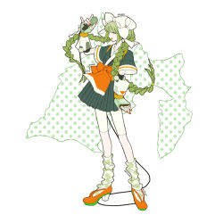Rule 34 | 1girl, bow, braid, commentary, english text, fingerless gloves, floating hair, full body, gauntlets, gloves, green eyes, green hair, green skirt, hair bow, kayuo, leg warmers, lipstick, locadol promotion, long hair, looking at viewer, makeup, map, microphone, nail polish, orange footwear, orange lips, orange nails, pleated skirt, school uniform, serafuku, shizuoka prefecture, shorts, simple background, skirt, solo, standing, twin braids, very long hair, white background, white bow, white shorts