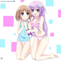 Rule 34 | 2girls, :d, absurdres, bare legs, bare shoulders, barefoot, blouse, blue eyes, blue shirt, blush, bra, breasts, brown hair, chemise, cleavage, d-pad, d-pad hair ornament, earphones, hair between eyes, hair ornament, hand on another&#039;s shoulder, helvetica std, highres, kneeling, listening to music, long hair, looking at another, medium breasts, medium hair, multiple girls, navel, nepgear, neptune (series), open mouth, panties, purple eyes, purple hair, rom (neptunia), shared earphones, shirt, sleepwear, small breasts, smile, square, striped bra, striped clothes, striped panties, thigh gap, thighs, underwear, white panties