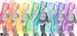 Rule 34 | 10s, 39, 2012, 6+girls, :d, :o, :q, ;), ^ ^, alternate hair color, aqua eyes, aqua hair, bare shoulders, blonde hair, blue hair, dated, detached sleeves, closed eyes, green eyes, green hair, hair ornament, hatsune miku, headset, highres, kurarin, long hair, long image, multiple girls, multiple persona, musical note, necktie, one eye closed, open mouth, orange eyes, orange hair, pink eyes, pink hair, purple eyes, purple hair, rainbow order, skirt, smile, thighhighs, tongue, tongue out, very long hair, vocaloid, wide image, wink