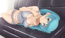 Rule 34 | absurdres, aqua eyes, aqua hair, bare shoulders, blush, breasts, breasts squeezed together, cleavage, collarbone, commentary request, couch, furuyama itaru, grey panties, grey tank top, hatsune miku, highres, impossible hair, large breasts, long hair, lying, midriff, navel, on couch, on side, panties, parted lips, tank top, thighs, twintails, underwear, very long hair, vocaloid