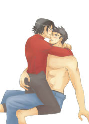 Rule 34 | 2boys, barefoot, black hair, blue eyes, blush, dc comics, denim, eye contact, hug, jeans, looking at another, male focus, multiple boys, muscular, pants, red robin, topless male, sitting, smile, superboy, superhero costume, tim drake, yaoi