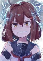 Rule 34 | 1girl, absurdres, anchor symbol, black sailor collar, blush, brown eyes, brown hair, clenched teeth, collarbone, electricity, hair between eyes, hair ornament, hairclip, highres, ikazuchi (kancolle), jealous, kantai collection, long sleeves, neckerchief, red neckerchief, sailor collar, school uniform, serafuku, short hair, solo, taisho (gumiyuki), tearing up, tears, teeth, upper body