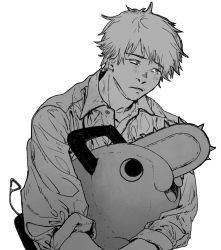 Rule 34 | 1boy, chainsaw, chainsaw man, collared shirt, denji (chainsaw man), frown, grey hair, greyscale, highres, hug, indian style, looking to the side, male focus, monochrome, open mouth, pochita (chainsaw man), sad, shirt, short hair, simple background, sitting, sleeves rolled up, stuffed toy, tasuketemama, tearing up, white background, wrinkled fabric