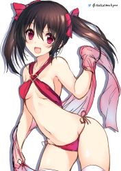 Rule 34 | 10s, 1girl, :d, bikini, black hair, bow, breasts, cowboy shot, hair bow, halterneck, heart, looking at viewer, love live!, love live! school idol project, nakatama kyou, open mouth, red bikini, red eyes, shadow, short hair, side-tie bikini bottom, simple background, sketch, small breasts, smile, solo, swimsuit, thighhighs, twintails, twitter username, white background, yazawa nico