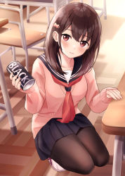 Rule 34 | 1girl, black pantyhose, blue sailor collar, blue skirt, blush, bow, brown hair, can, cardigan, chair, classroom, closed mouth, coffee, desk, hair bow, hand up, highres, holding, holding can, indoors, long sleeves, looking at viewer, medium hair, neckerchief, original, pantyhose, pink bow, pink cardigan, pink eyes, pleated skirt, red neckerchief, sailor collar, school uniform, serafuku, skirt, smile, solo, squatting, yukimaru217