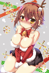 Rule 34 | 10s, 1girl, alternate costume, antlers, bad id, bad pixiv id, bare shoulders, bell, black skirt, blush, breasts, brown hair, choker, cleavage, horns, kantai collection, large breasts, looking at viewer, mutsu (kancolle), short hair, skirt, snowflakes, solo, yellow eyes, yoroi nau