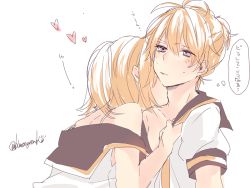 Rule 34 | 1boy, 1girl, :|, bare shoulders, biting, blonde hair, blue eyes, bra strap, brother and sister, closed mouth, collarbone, femdom, heart, hetero, incest, kagamine len, kagamine rin, kiss, kissing neck, kuronyanko, neck biting, short ponytail, siblings, sweatdrop, translated, twincest, twins, undressing, vocaloid